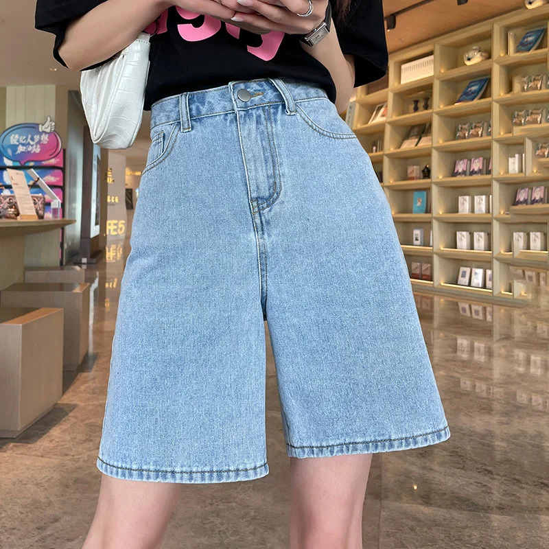 Women Denim 2024 Summer Vintage Streetwear Female High Waist Wide Leg Straight Short Pants Solid Color Ladies Jean Shorts