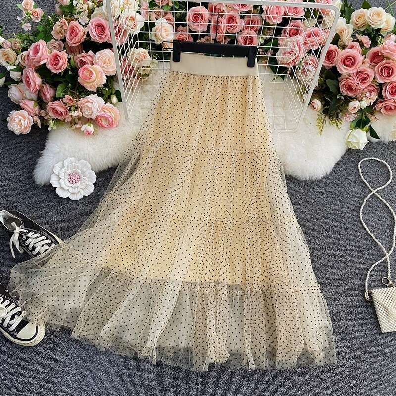 Summer New High Waisted Mid Large Hem Mesh Puffy Cake with Elastic Knee Length A-line Skirt for Women Long Summer Dress Loose Novelty Pregnant Womens 