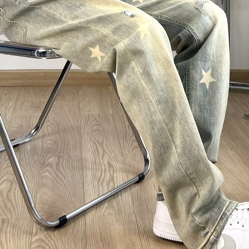 Straight leg men's spring brand fashionable loose yellow mud washed star printed jeans trend
