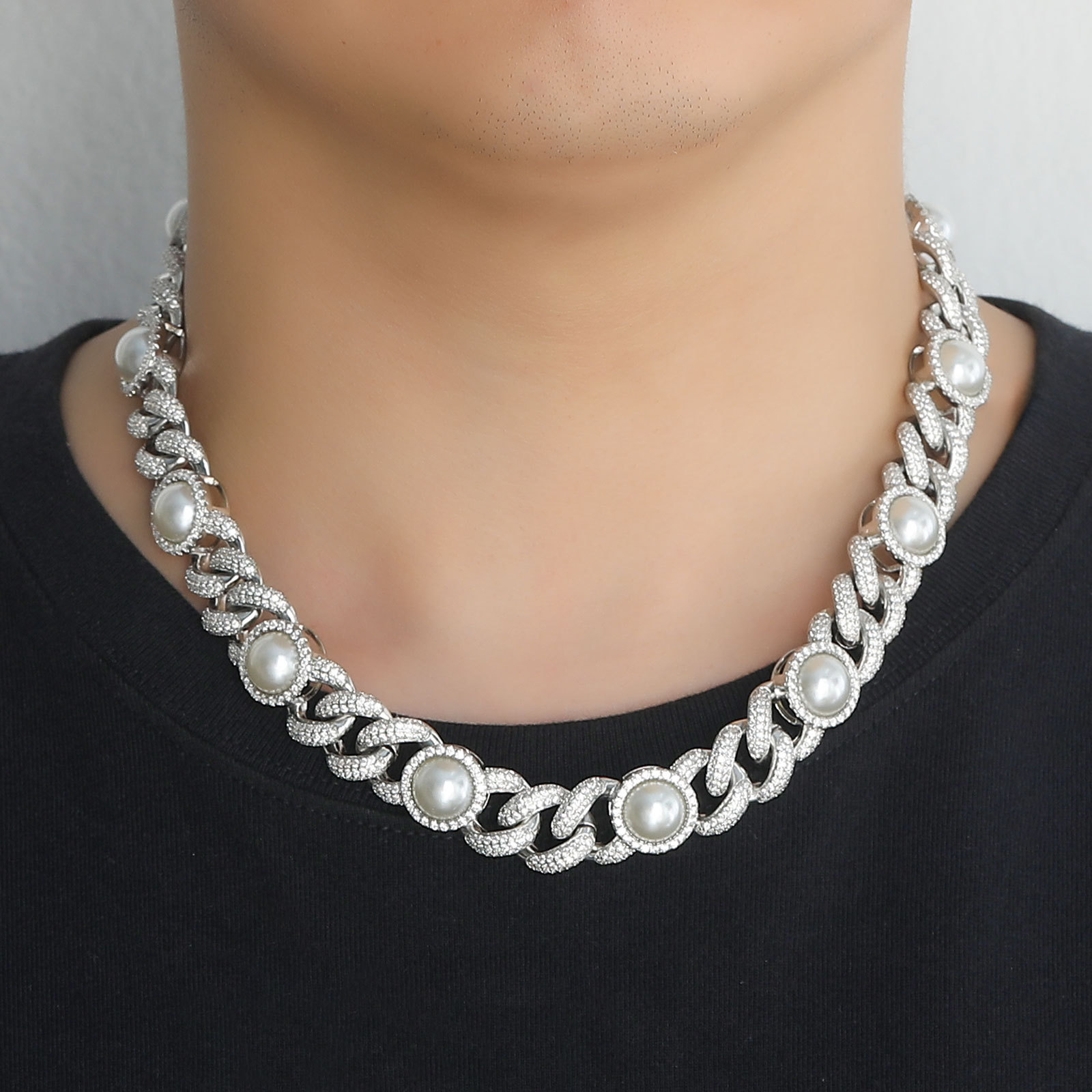 Hip Hop High Quality Pearl Cuban Chain Necklace Bracelet 5A Zircon 18k Gold Plated Jewelry Set