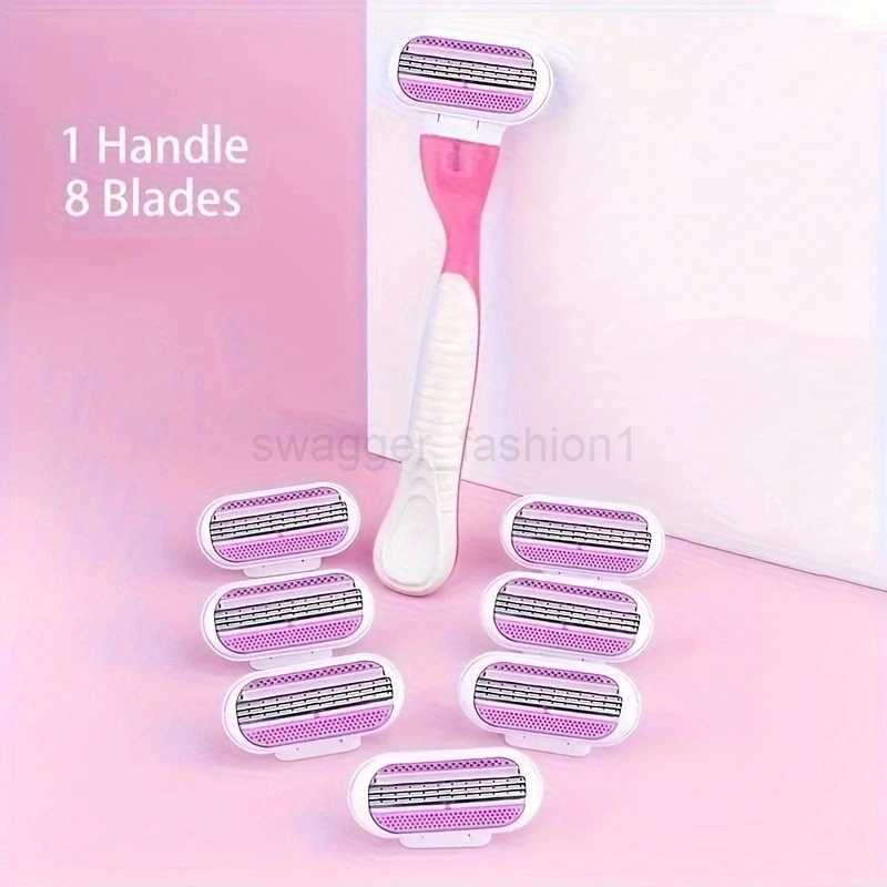 1 Holder+8 Blades 3-Layers Manual Razor For Women Reusable Blades ShavingSet Replaceable Blades Women Shaver With Lube StripB240709
