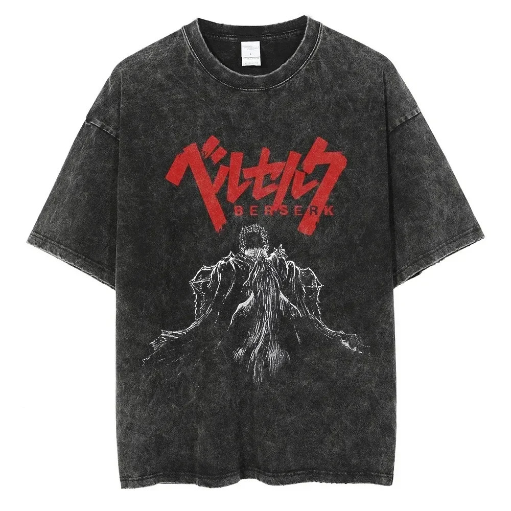 Berserk Print T Shirt Men Vintage Washed TShirt Anime Guts Graphic Tshirt Hiphop Streetwear Tees Summer Casual Clothes 240712