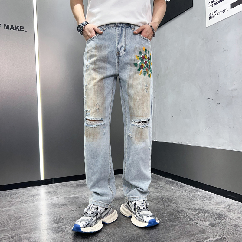 American fashion brand printed ripped jeans men's loose straight trendy wide leg pants