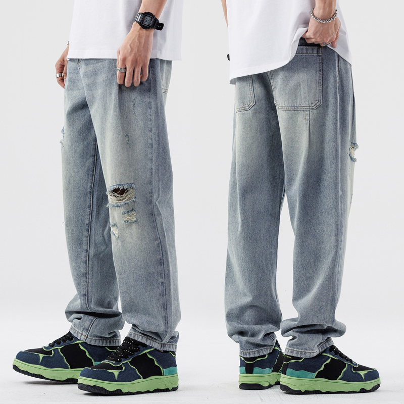 2024 New Brand Jeans for Men, Loose Large Size, Trendy Piercing, Men's Versatile Pants