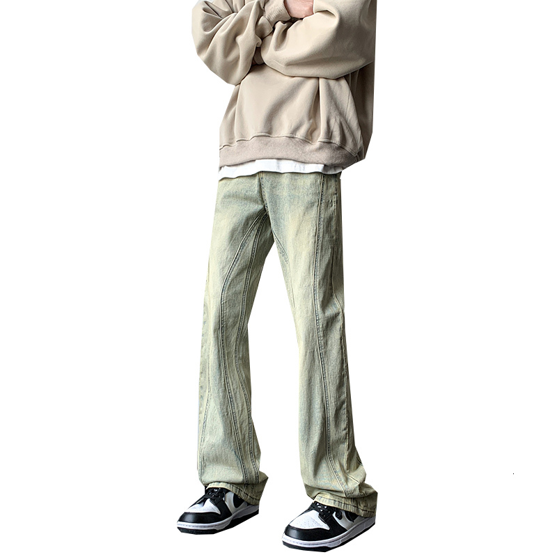 New American high street yellow mud dyed jeans for men, trendy brand straight leg casual pants