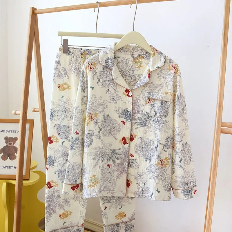 100% Cotton Gauze Women Pajamas Sleepwear Female 2 Piece Set Ink Painting Printing Nightwear Pyjamas Home Clothes Loungewear 240712