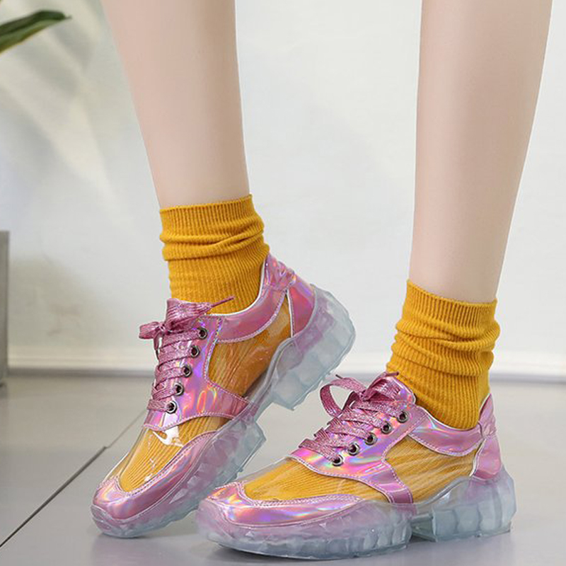 HBP Transparent Glitter Crystal Sole Flat Casual Shoes Cross Tied Women's Shoes Low Help Front Tie Color Blocking Ping He Round Head Sports Style