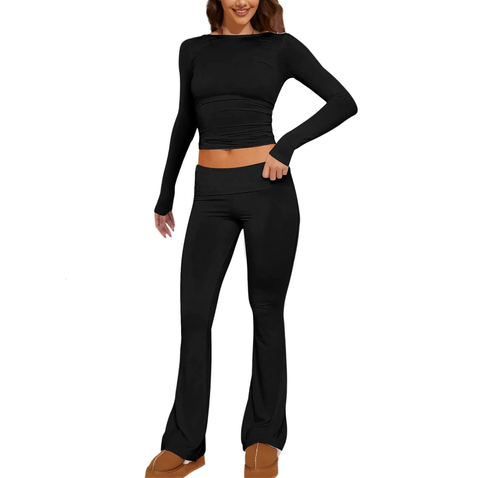 Womens 2 Piece Sets Fold Over Flare Pants Set Long Sleeve Women Petite Suits Suit Jackets And Knit Warm up 240712