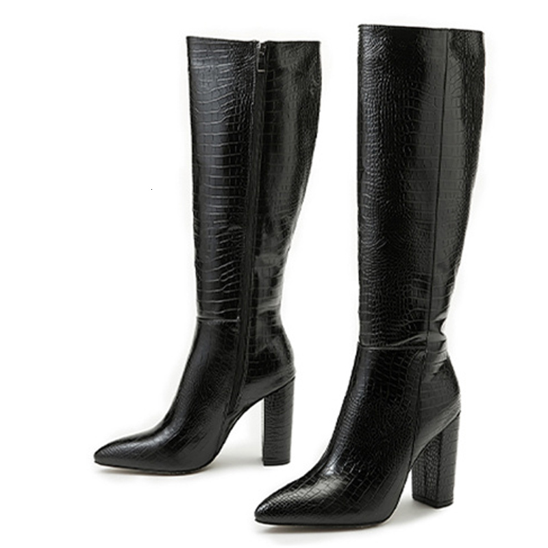 Liyke Black Knee High Boots Women Square Heels Casual Winter Motorcycle Long Shoes Pointed Toe Zip Fashion Cool Knight Bootties