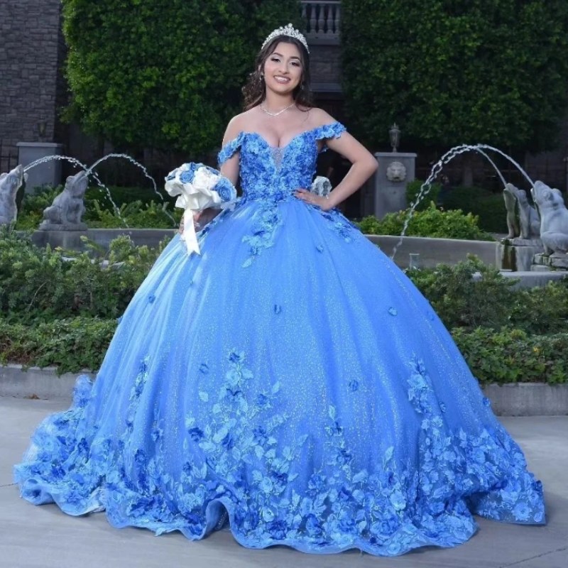 Sky Blue Shiny Quinceanera Dresses Princess Sweet 16 Years Girl Birthday Party Dresses Appliques Lace Beads With Cape Vestidos15