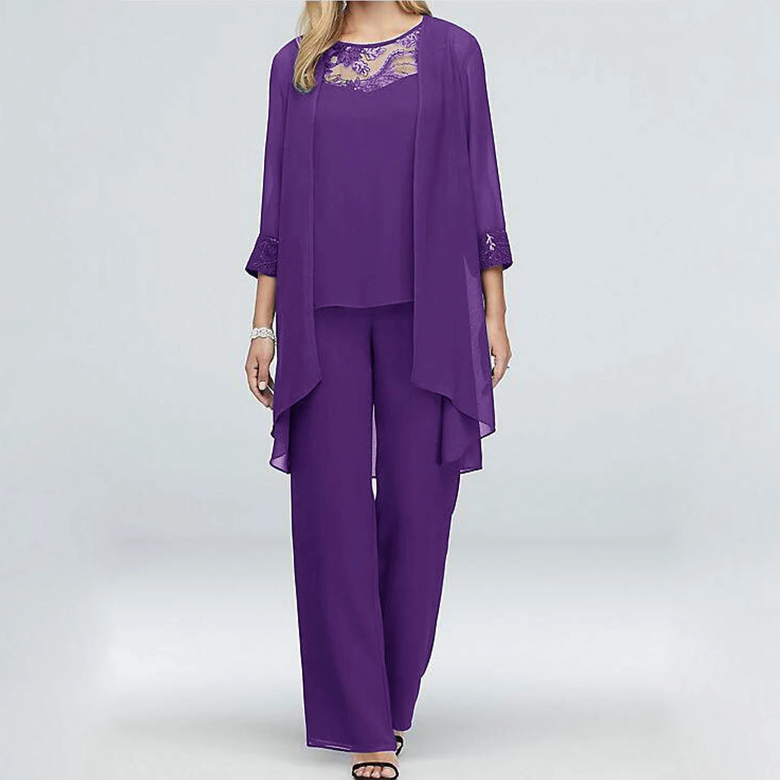 Women Cocktail Party Prom Suit Evening Lace Wedding Chiffon 3Piece Outfits Tank Tops Cardigan And Straight Pants 240716