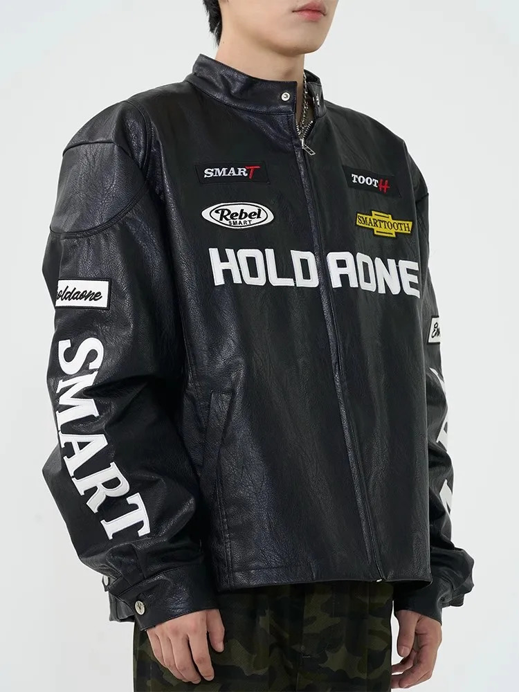 High Street PU Leather Jacket for Men Women Letter Embroidery Motorcycle Racing Baseball Jacket Vintage Y2k Bombers Coat 240715