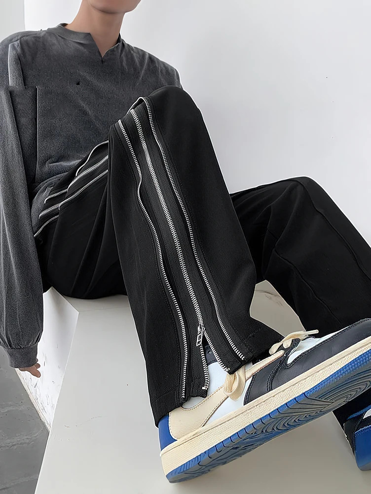Streetwear Side Split Zipper Loose Casual Straight Pants Men Outdoor Y2k Black Parachute Long Trousers 240717