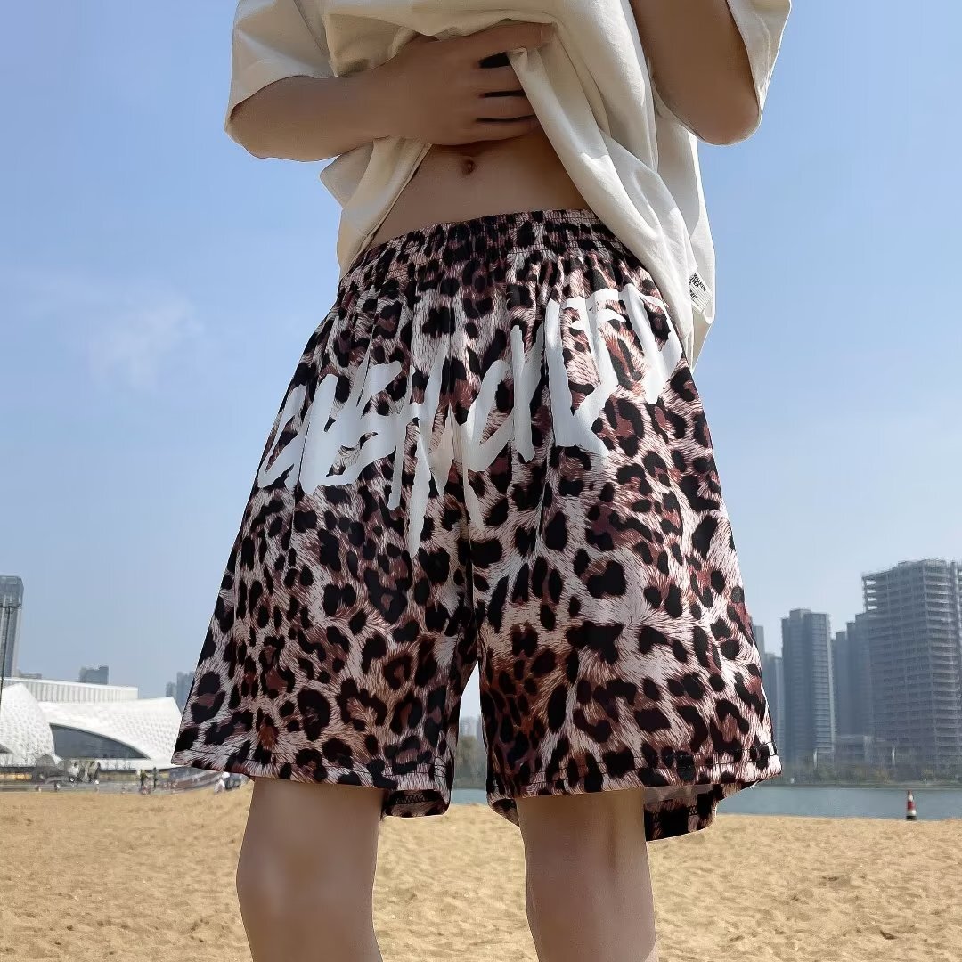 Beach pants leopard print trendy cropped shorts, simple and loose fit, Shangchao brand men's shorts H7.18#20