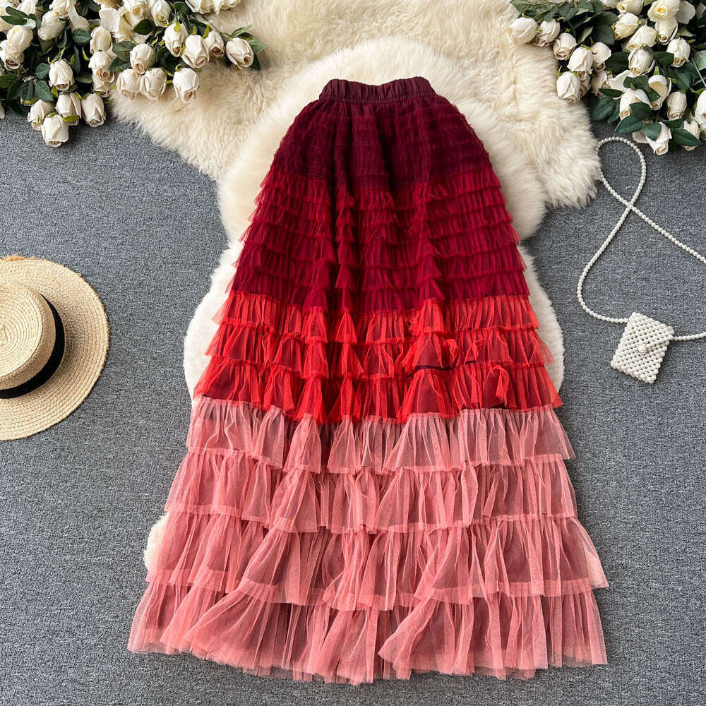 Gradient Irregular Mesh Womens Mid Length Cake Skirt, Fluffy High Waisted, Slimming A-line Fairy Skirt Waist Loose Short Bifurcated Pregnant Womens Dr