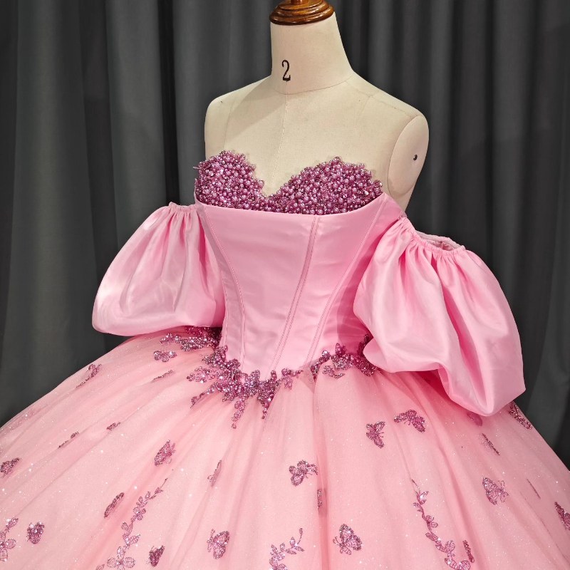 Pink Quinceanera Dresses Off Shoulder Gillter Bow Pearls Tull Corset Mexican Birthday Party Sweet 16 Vestido 15 anos