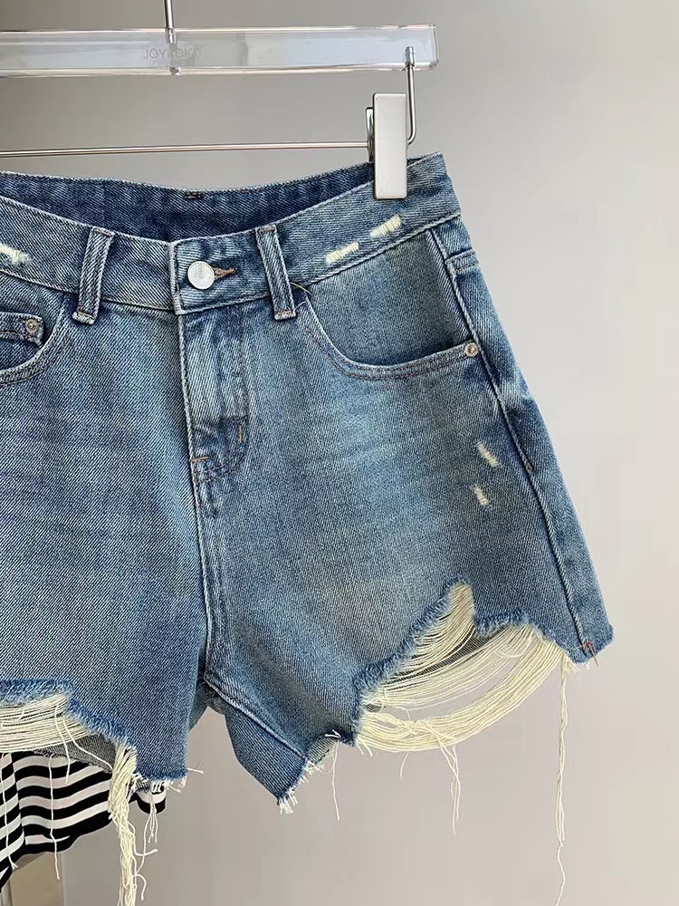 Canadian label light blue pure cotton high waisted washed with frayed edges, wide legs, A-line jeans, shorts, women's summer