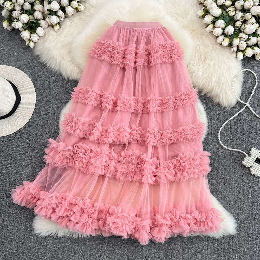 High Waisted Slimming Mesh with Elastic Band, Medium Length Over Knee, Irregular Wood Ear Edge, Super Fairy Cake Skirt for Women Sexy Temperament BOHO