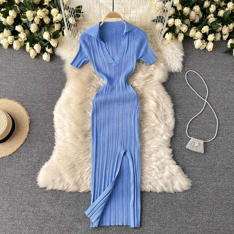 Ins Heart Machine Split Knee Over Skirt Sexy Show Waist and Hip Stretch Knitted New Summer Dress Novelty Self-cultivation Loose Sexy Short Silk Dress