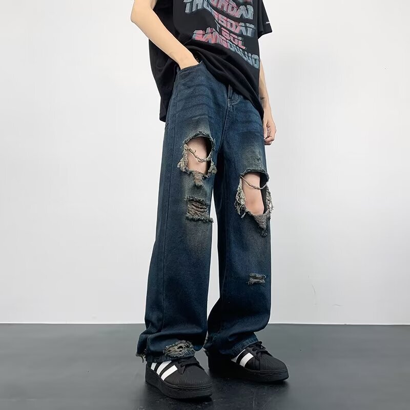 Outdated, ripped design, floor length jeans, summer niche fashion brand, high street loose and versatile beggar wide leg pants