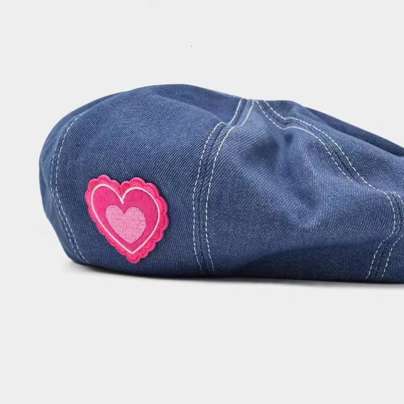 Women Girls Lovely Embroidery Pattern Denim Beret French Hat Casual Sun Hat with Adjustable Strap 240715