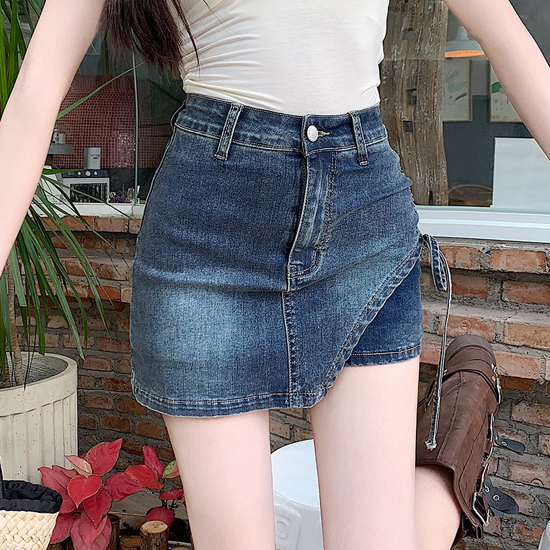 New product lighing delivery fake two denim elastic skirts for women in summer, high waisted with words to cover the hips and prevent light from escap