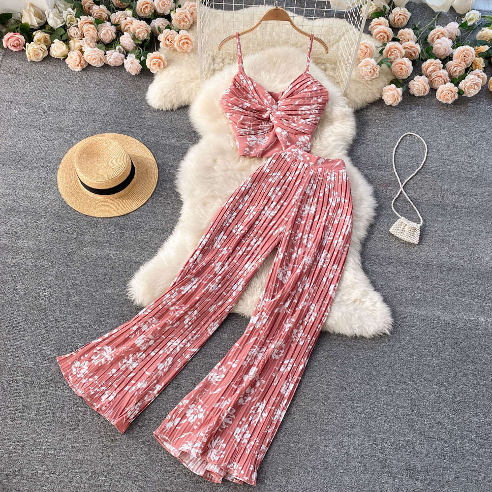 Seaside Vacation Temperament V-neck Strap Vest, Heavy-duty Pleated Micro Flared Wide Leg Pants, Versatile Two-piece Set Lace Dress Pregnant Womens Dre