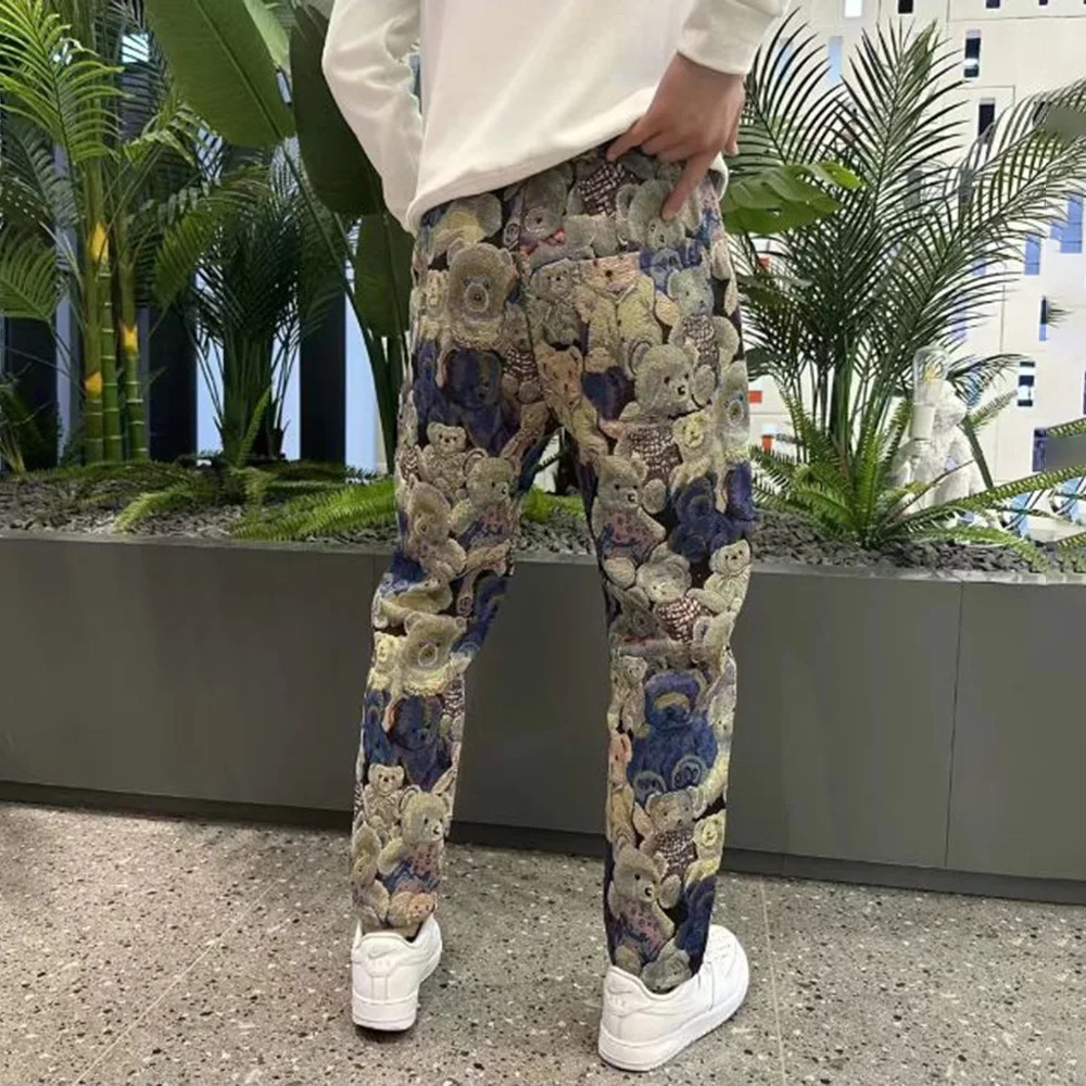 Autumn Mens Bear Embroidered Y2k Ankle-Tied Pants Essential Casual Trendy Youth Fashion Street Slim Leggings For Men 240717