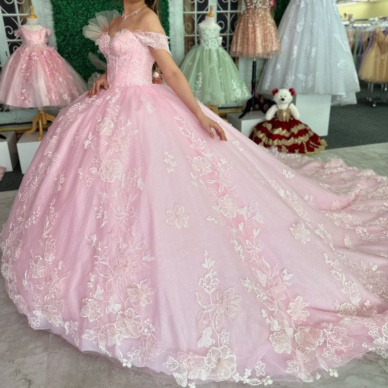 Pink Shiny Quinceanera Dress Ball Gown Off The Shoulder Lace Appliques Tull Birthday Party Sweet 16 Vestidos De 15 Anos