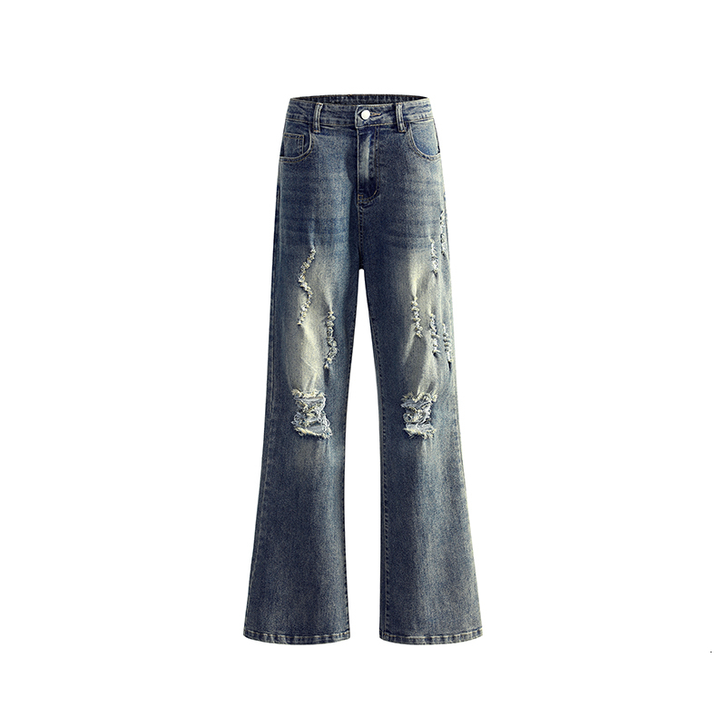 Spring and Autumn Mud Dyeing Elastic Hole Explosion Small Straight Pants High Street Clean Fit Trendy Brand Jeans Men