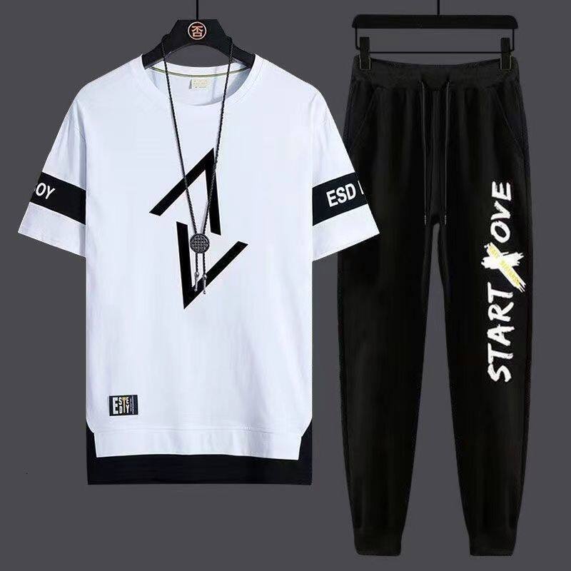Two-piece Suit T Shirt for Men New Casual Sports Korean Version Loose Short-sleeved T-shirt Round Neck Pure Cotton Men's Trend