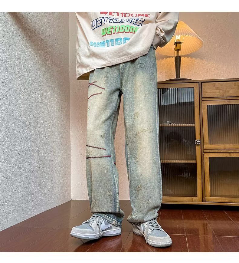 Jeans, leg, loose fitting, straight zipper, autumn youthful, trendy, versatile, washed men's pants