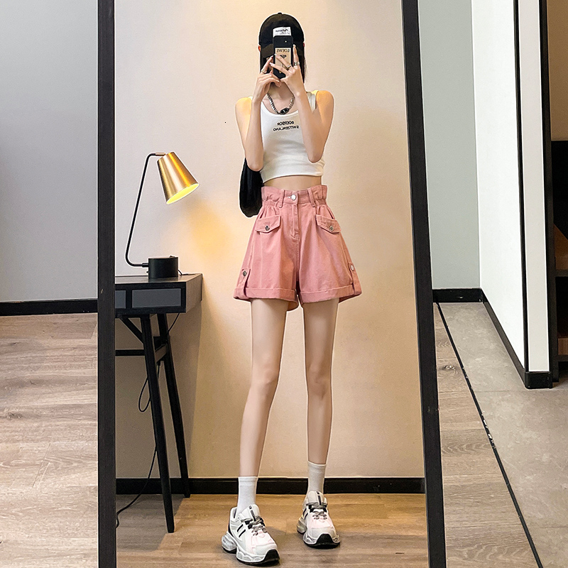 Pink denim shorts, women's hot pants, 2023 summer high waist slimming Korean design pants