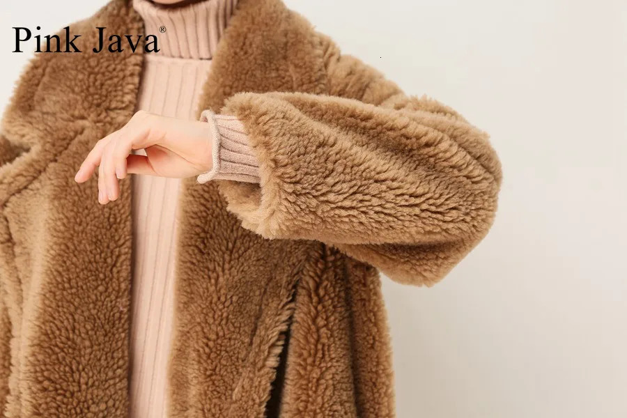 PINK JAVA QC1848 arrival real sheep fur coat long style camel teddy coat over size winter women coat 240708