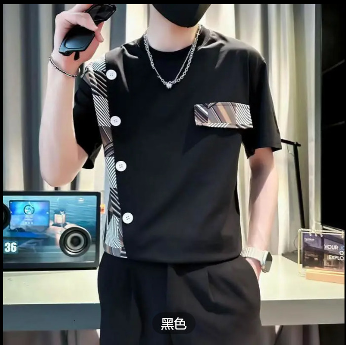2025 Summer Men's Fashion High end Cotton Splicing Simple and Casual Handsome Short sleeved Shirt with Versatile Collar
