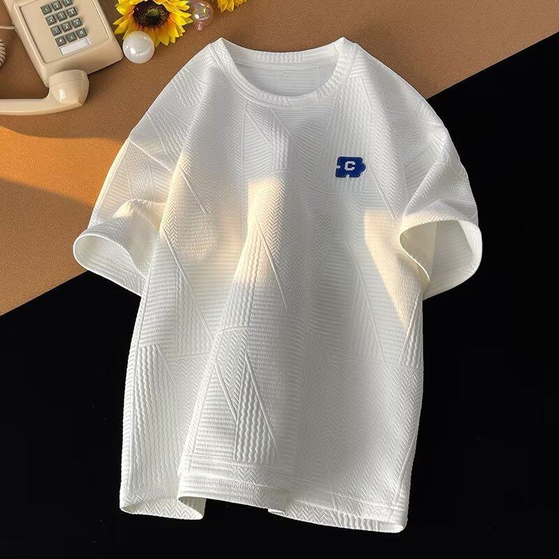 Man Tshirt Korean Oversized Loose White Summer Baggy Waffle Short Sleeve Bu T Shirt Men