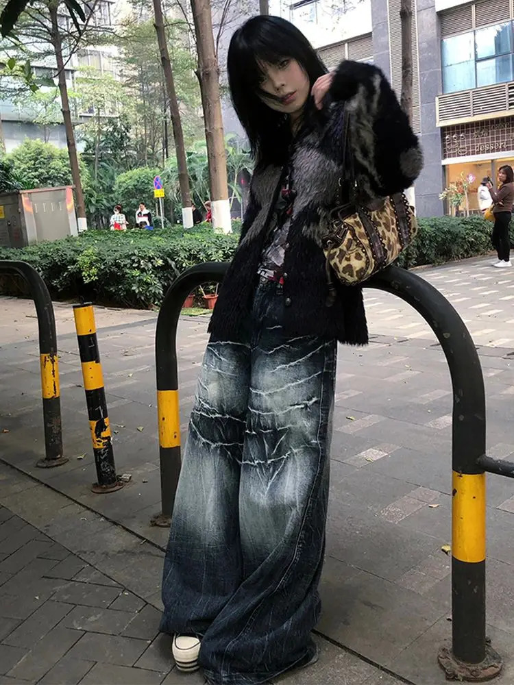 Y2K American High Street Makes Old Ground White Loose Jeans Women Harajuku Style Retro Trend Loose Casual Street Mopping Pants 240717