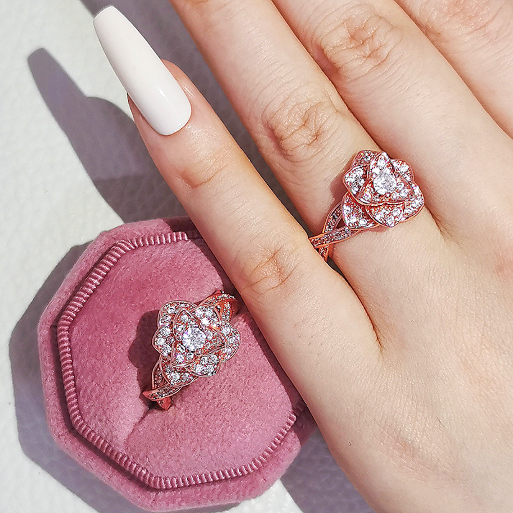 Designer Jewellery High Quality Silver Plated Rose Zircon Diamond Ring for Girl Valentine's Day Gift Fashion Accessories Elegant Textured Accesso