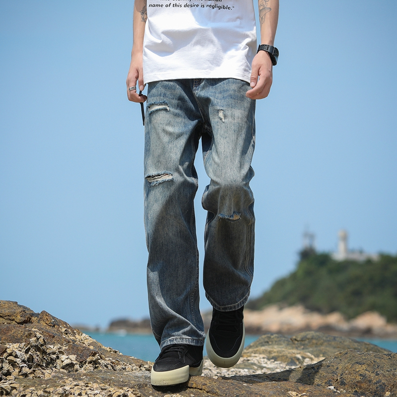 Ice jeans for thin, trendy brand straight tube loose fit men, ice silk wide leg summer casual pants
