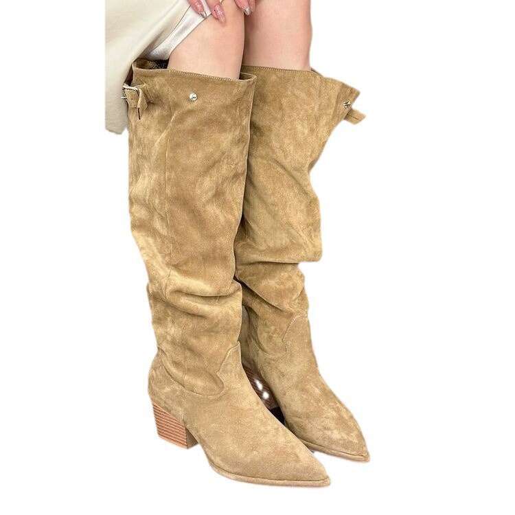 HBP spicy girl khaki pointed toe thick heel pile up long boots for women in autumn 2024 heel hight 6-8cm