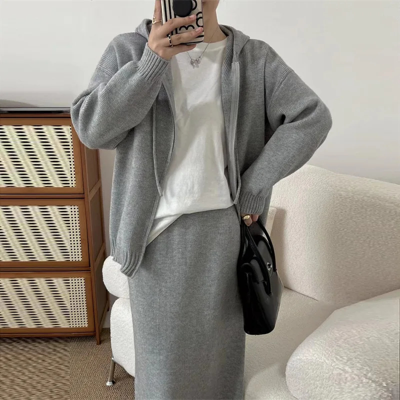 Korean Lazy Style Women Knitted Sweater Casual Set Autumn Winter Hooded Zipper Cardigan Tops Knitwear Long Skirt Two-piece Suit 240715