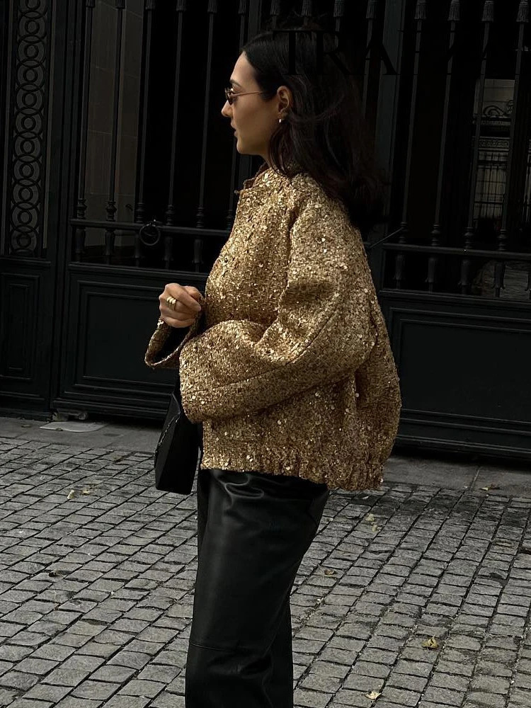 TRAFZA Women Trend Gold Sequin Decoration Loose Short Jacket Woman Fashion Coat Versatile Warm Chic And Elegant Female Coats