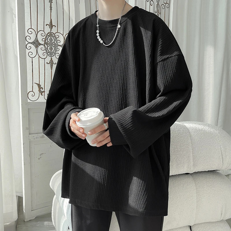 2024 Spring Autumn Casual Long Sleeve T Shirts Men Loose Round Neck Tshirts Male Fashion Harajuku Korean Streetwear Tops Tees 240715