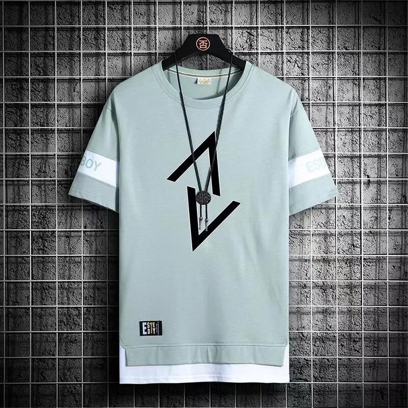 Two-piece Suit T Shirt for Men New Casual Sports Korean Version Loose Short-sleeved T-shirt Round Neck Pure Cotton Men's Trend