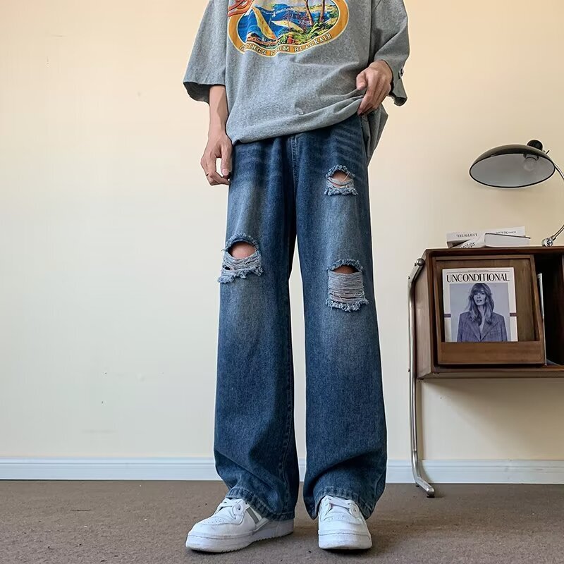 Ripped jeans, American high street fashion brand, straight leg loose long pants, summer slim fit
