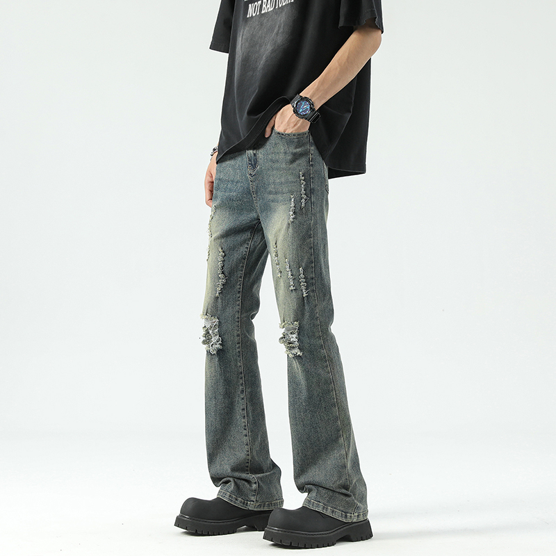 Spring and Autumn Mud Dyeing Elastic Hole Explosion Small Straight Pants High Street Clean Fit Trendy Brand Jeans Men
