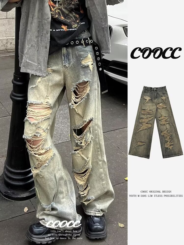 American style wasteland ripped jeans men's trendy casual floor loose straight wide leg long pants