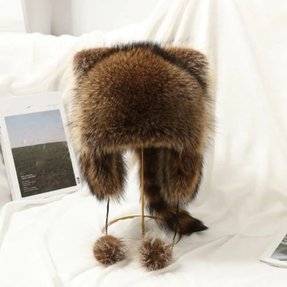 Faux Fur Little Raccoon Hat with Tail and Plush Ball Pendant Winter Warm Cute Soft Bomber for Kids Adults 240716