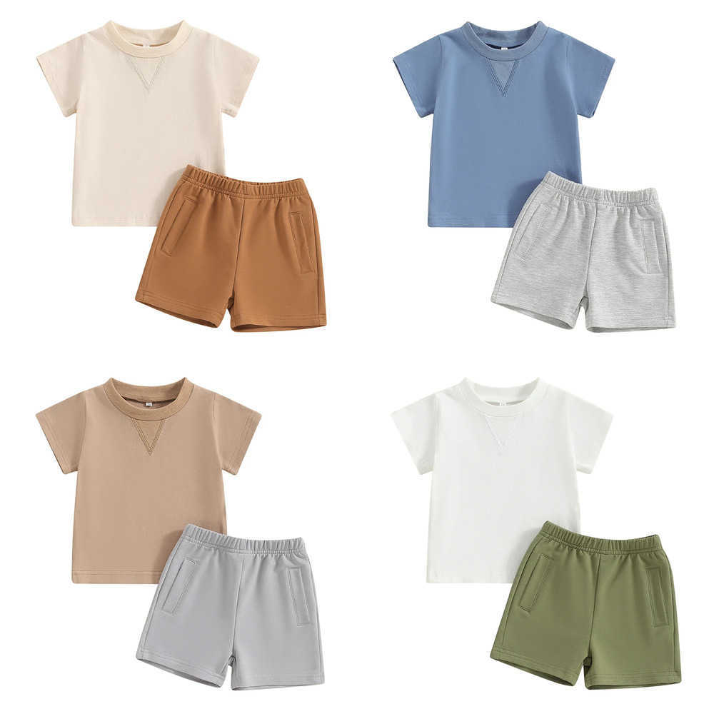 Clothing Sets Toddler Boys Summer Outfits Reverse Stitch V-Shape Pattern Short Sleeve T-Shirts Tops Elastic Waist Shorts 2Pcs Clothes Set KVB3