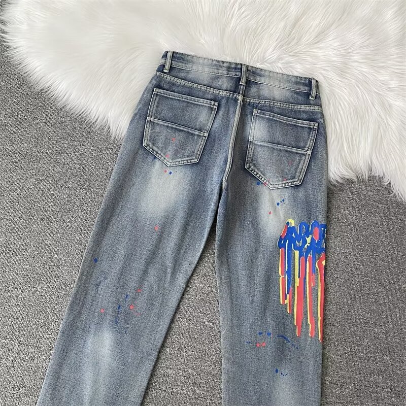Jeans, men's trendy brand, slim fit, small feet, American high street, handsome, graffiti printed, ripped hole, spring and summer casual long pan